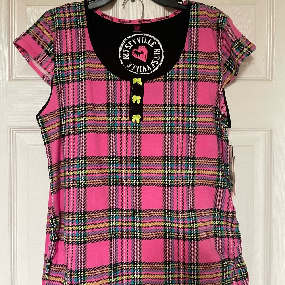 Betseyville women sz large PJ set pink/black/green plaid. 2 piece set new w tags - Picture 5 of 7
